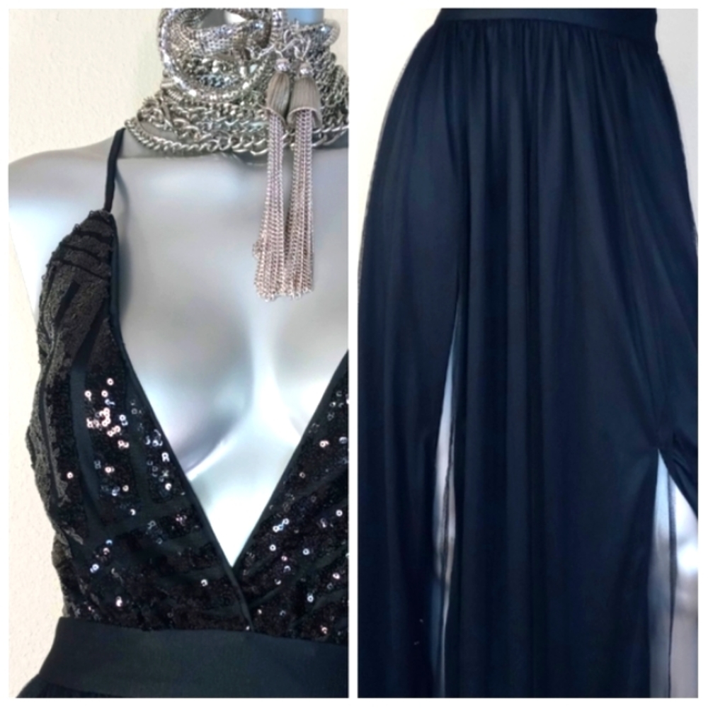 Black Sophisticated Cocktail Party Grunge Fairy Core Sequin Top Maxi Dress - Picture 9 of 16